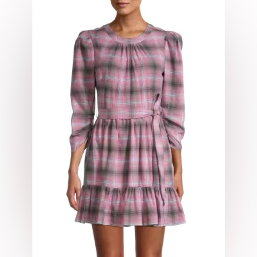 Likely Pink Multi Griffyn Plaid Tie Waist Mini Dress Cottagecore Size 8 Medium